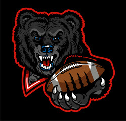 angry bear mascot holding football in claw for school, college or league