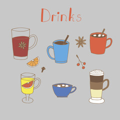 Autumn and winter hot drinks set vector illustration, hand drawing