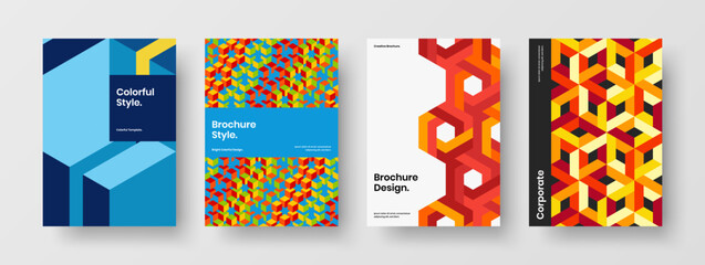 Simple cover A4 vector design concept composition. Vivid mosaic hexagons corporate brochure layout collection.