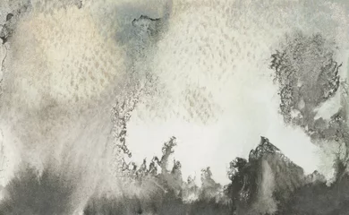 Rolgordijnen Abstract watercolor, ink and acrylic flow blot smear brushstroke painting. Black, beige grunge landscape color canvas monotype texture horizontal background. © Liliia
