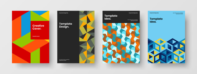 Naklejka premium Vivid journal cover A4 design vector layout collection. Minimalistic geometric hexagons placard concept bundle.