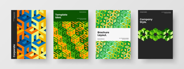 Fototapeta premium Bright placard vector design template set. Isolated mosaic tiles corporate cover illustration composition.