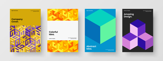 Trendy company brochure vector design template collection. Clean geometric hexagons postcard illustration composition.