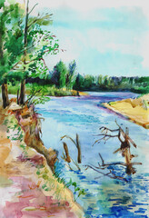 Watercolor summer landscape with a river and trees. Nature and green forest. The river bank and the blue sky. Vertical Drawing with watercolor paints.Watercolor painting.