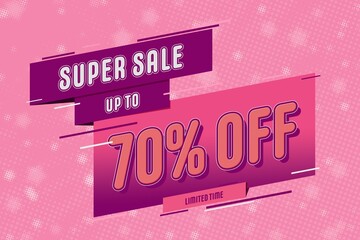 70 seventy Percent off super sale shopping halftone pink banner. flash sale percent