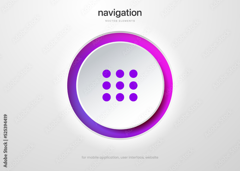 Aufkleber 3d website navigation hamburger menu icon button. Flat website menu icon with rounded circle push button. Mobile app menu icon vector set of UI UX design elements. App burger icon. Stock vector EPS10.