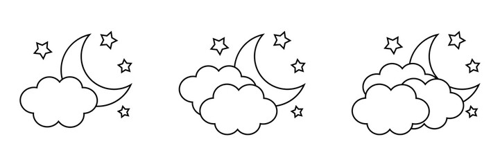 Moon with clouds and stars icon. Night icon.