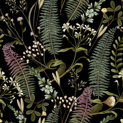 Botanical seamless pattern with ferns and plants. Vector.