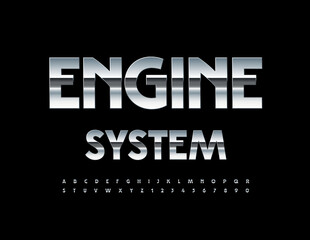 Fototapeta premium Vector industrial banner Engine System with steel Font. Glossy Alphabet Letters and Numbers set