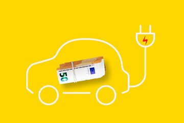 Electric car with 50 euro isolated on yellow background. Car without CO2 smoke. Green and...