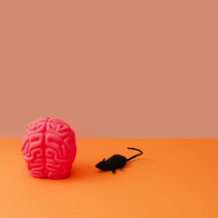 A black mouse approaches the brain, which perhaps resembles a cheese in shape. The background is...