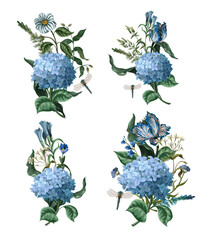 Bouquets with blue hydrangeas and other flowers isolated. Vector.