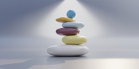 Zen Balance stones, pebbles stack pastel color, copy space. Spa, yoga meditation