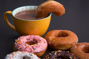 Home made doughnuts with hot chocolate sweet dessert sugar food