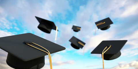 Graduation. Mortarboards fly on blue sky.  College and high school students throw caps