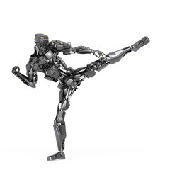 master robot is kicking up in mma style in white background