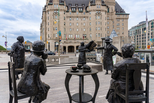 Ottawa, Canada: "Women Are Persons!" sculpture on Plaza Bridge near Fairmont Château Laurier. Famous Five brought a case before Privy Council for women's rights to serve on the senate. 