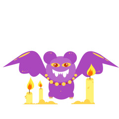 Vector illustration of a purple bat with candles. Candles around the bat. Isolated