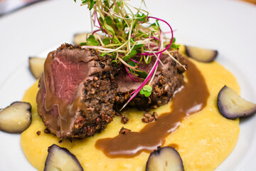 Roast beef meat with mashed potatoes gourmet food