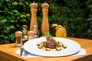 Roast beef meat with mashed potatoes gourmet food