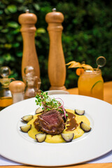 Roast beef meat with mashed potatoes gourmet food