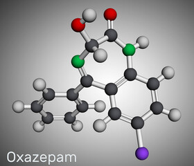 Obraz premium Oxazepam molecule. It is benzodiazepine used to treat panic disorders, severe anxiety, insomnia Molecular model. 3D rendering