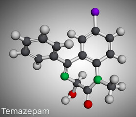 Temazepam drug molecule. It is benzodiazepine, used to treat panic disorders, severe anxiety, insomnia.. Molecular model. 3D rendering