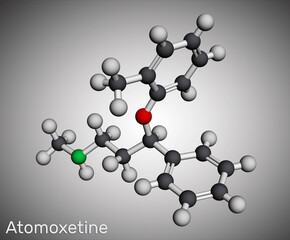 Atomoxetine molecule. It is used in the management of Attention Deficit Hyperactivity Disorder ADHD. Molecular model. 3D rendering