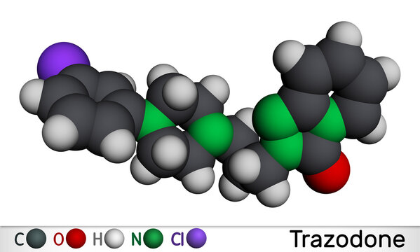 Trazodone molecule. It is antidepressant, used to treat major depressive disorder. Molecular model. 3D rendering