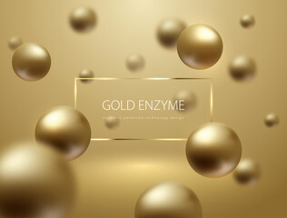 Abstract flying sphere golden balls on studio background. Rectangular gold frame header. Blurred globes. Luxury trendy design for cosmetic poster or package label