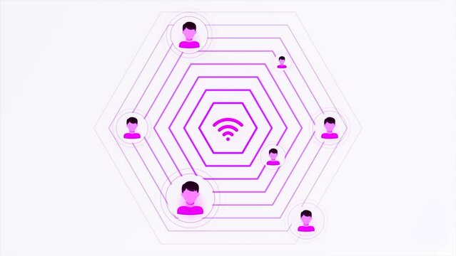 Wifi icon pulsating and spreading signal among people silhouettes. Motion. Concept of modern technologies and internet.