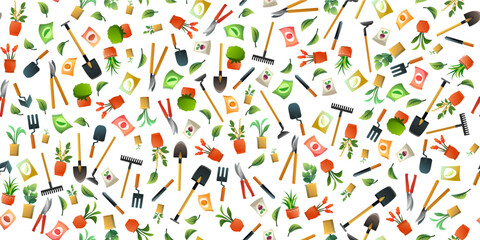 Agricultural rural garden tool. Seamless pattern. Isolated on white background. Shovels rakes and hoes. Flower pots with indoor plants. Packets of vegetable seeds. Vector
