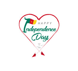 happy independence day of Cameroon. Airplane draws cloud from heart. National flag vector illustration on white background.