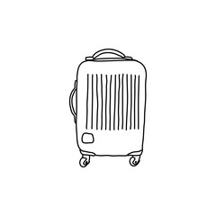 Vector suitcase, bag or backpack for travel. Various types of hand luggage, suitcases and bags are hand drawn in a linear style. For the design of advertisements, brochures, banners and posters