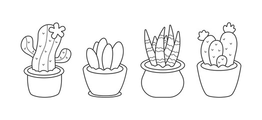 Set of cute cacti and house plants. Collection of potted plants and cacti in black linear drawing style. Vector illustration isolated on white background