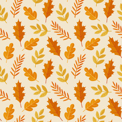Seamless pattern in warm colors with autumn leaves. Great for backgrounds, apparel design, cards, gift wrapping paper, home decor. Flat style vector illustration.