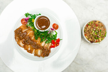 Chicken katsu with salad and sauce meat filet