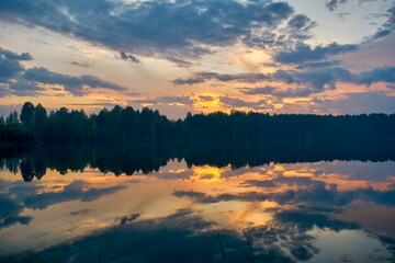 autumn landscape sunset on the river bank. Wonderful nature, beautiful natural background.