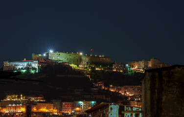 Castel Sant'Elmo medieval fortress in Naples at night.