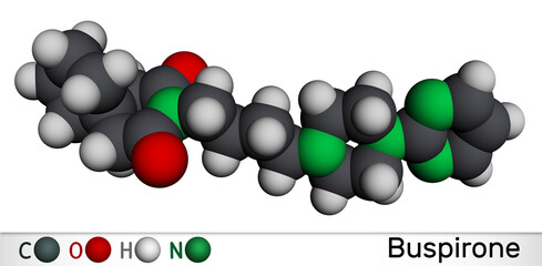 Buspirone molecule. It is anxiolytic drug for treatment of anxiety, depression. Molecular model. 3D rendering. © bacsica
