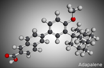 Adapalene molecule. It is third-generation anti-comedogenic, comedolytic, anti-inflammatory retinoid. Molecular model. 3D rendering.