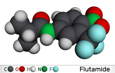 Flutamide molecule. It is is antiandrogen used for locally confined stage B2-C and D-2 metastatic prostate carcinoma. Molecular model. 3D rendering