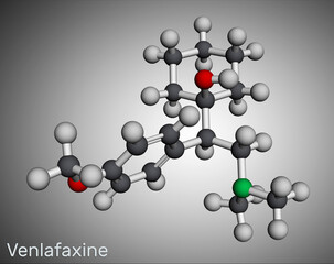 Venlafaxine antidepressant  drug molecule. It is used for the treatment of major depression. Molecular model. 3D rendering