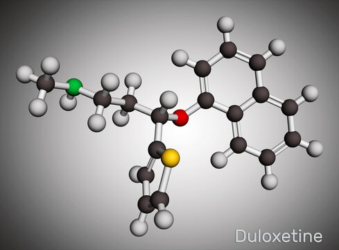 Duloxetine antidepressant  drug molecule. It is used to treat  anxiety disorder, neuropathic pain, osteoarthritis. Molecular model. 3D rendering.