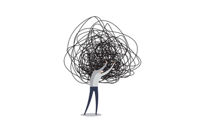 Person holds stress burden,. Problem, anxiety, mental health concept. Confused, anxious, stressed brain. Pessimistic, negative think. suffering. Emotional crisis Depressed. Vector illustration