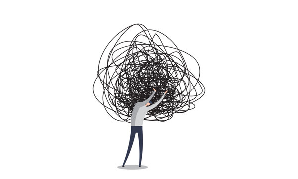 Person holds stress burden,. Problem, anxiety, mental health concept. Confused, anxious, stressed brain. Pessimistic, negative think. suffering. Emotional crisis Depressed. Vector illustration