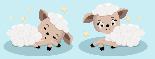 Cute set lamb. Vector illustration of a baby sheep.