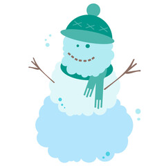 Vector illustration of a blue snowman in a green hat with a scarf. Hands from tree branches at the snowman. Isolated