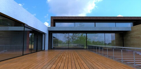 Luxurious lacquered wooden terrace. Lots of space and luxurious mirrored windows. Wide stone staircase. Glass panel fence. Ahead is the entrance to the building with sliding transparent doors. 