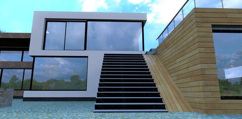 Stone staircase leading to the terrace of an exclusive country house built according to a modern design. Finishing the walls with a facade board. 3d render.
